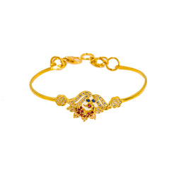 22K Yellow Gold Baby Bangle W/ CZ Gems, Ornate Peacock & Small Flower Accents
