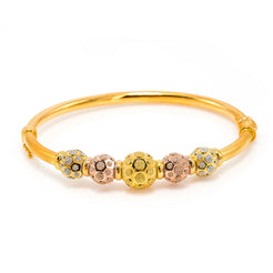 22K Multi Tone Gold Bangle W/ Rose, Yellow & White Gold Circular Glass Blast Details on 5 Accent Balls