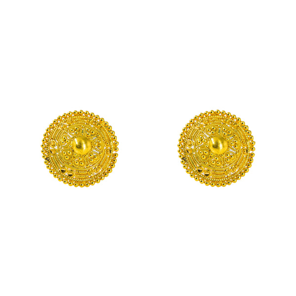 22K Yellow Gold Stud Earrings W/ Handcrafted Beaded Circle Shield Frame |  22K Yellow Gold Stud Earrings W/ Handcrafted Beaded Circle Shield Frame for women. These ornate ...