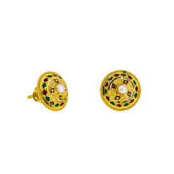 22K Yellow Gold Stud Earrings W/ Pearl & Diamond Shaped Hand Painted Details