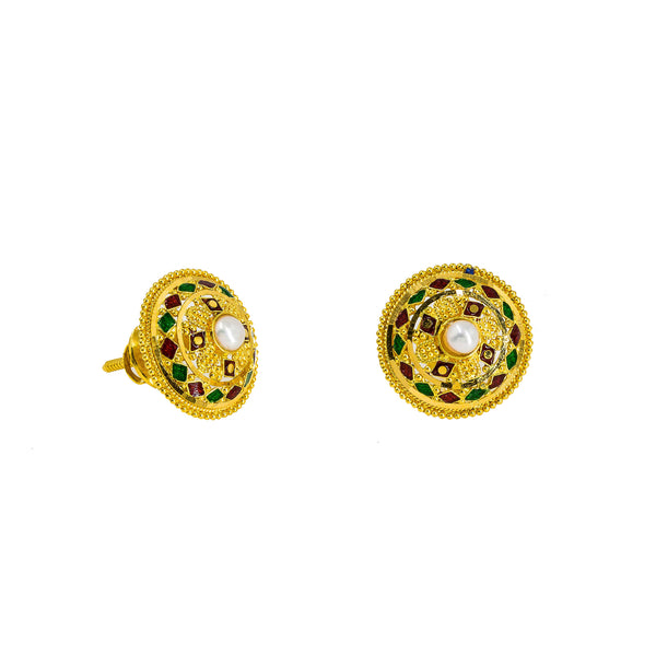 22K Yellow Gold Stud Earrings W/ Pearl & Diamond Shaped Hand Painted Details |  22K Yellow Gold Stud Earrings W/ Pearl & Diamond Shaped Hand Painted Details for women. Thes...