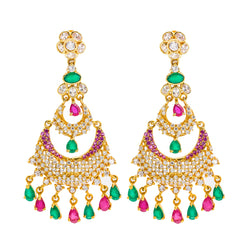 22K Gold Chandbali Long Drop Earrings W/ Ruby, Cubic Zirconia & Emerald Stones
