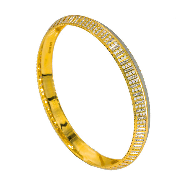 22K Multi Tone Gold Kada Bangle for Men W/ Circle Laser Details & Split Textured Frame | 22K Multi Tone Gold Kada Bangle for Men W/ Circle Laser Details & Split Textured Frame. Add a...