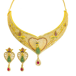22K Yellow Gold Choker & Drop Earrings Set W/ Ruby, CZ, Peacock Heart Design & Drop Pear Pendant