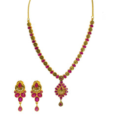 22K Yellow Gold Necklace & Earrings Set W/ Ruby, Rose Coins & Large Pear Shaped Pendants
