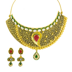 22K Yellow Gold Choker & Jhumki Drop Earrings Set W/ Ruby, Emerald, Kundan & Deep Carved Mango Detail