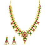 22K Yellow Gold Necklace & Earrings Set W/ Ruby, Emerald, Pearls & Gold Bead Ball Accents |  22K Yellow Gold Necklace & Earrings Set W/ Ruby, Emerald, Pearls & Gold Bead Ball Accent...