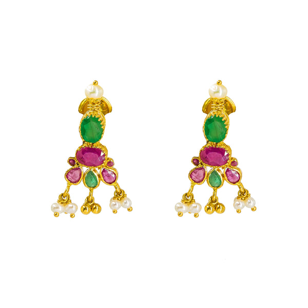 22K Yellow Gold Necklace & Earrings Set W/ Ruby, Emerald, Pearls & Gold Bead Ball Accents |  22K Yellow Gold Necklace & Earrings Set W/ Ruby, Emerald, Pearls & Gold Bead Ball Accent...