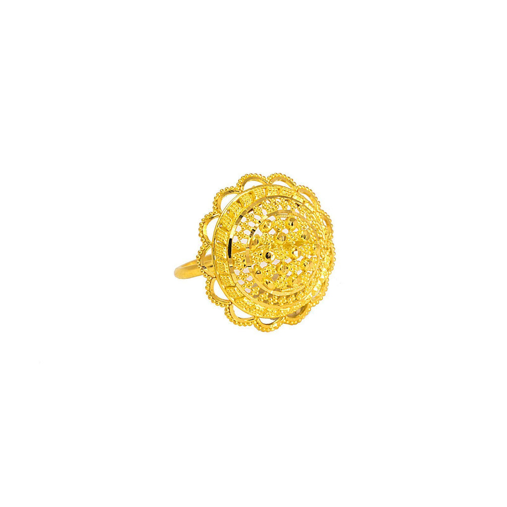 22K Yellow Gold Ring W/ Round Flower Shield Frame | 22K Yellow Gold Ring W/ Round Flower Shield Frame for women. This elegant ring features an ornate...