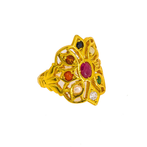22K Yellow Gold Navaratan Ring W/ Ruby, Emerald, Pearl, Sapphire & CZ Gems on Floral Frame |  22K Yellow Gold Navaratan Ring W/ Ruby, Emerald, Pearl, Sapphire & CZ Gems on Floral Frame f...
