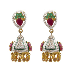 22K Multitone Gold Jhumki Drop Earrings W/ Emeralds, Rubies, & Cubic Zirconia
