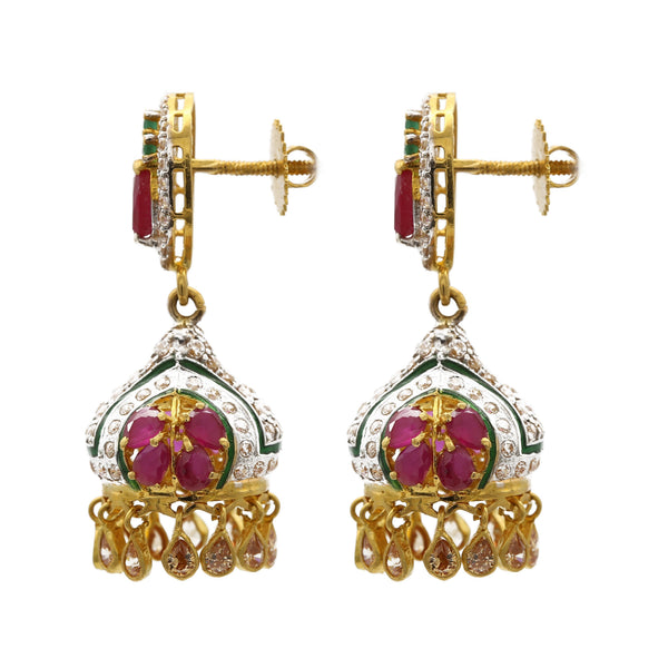 22K Multitone Gold Jhumki Drop Earrings W/ Emeralds, Rubies, & Cubic Zirconia |  22K Multitone Gold Jhumki Drop Earrings W/ Emeralds, Rubies, & Cubic Zirconia for women. The...