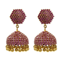 22K Yellow Gold Jhumkis Earrings W/ Ruby Pavé