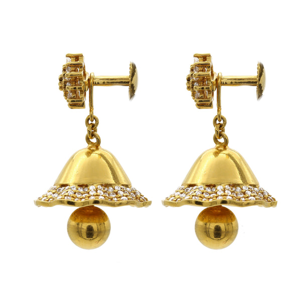 22K Yellow Gold Jhumkis Bell Earrings W/ Cubic Zirconia Pavé | 22K Yellow Gold Jhumkis Bell Earrings W/ Cubic Zirconia Pavé for women. This unique style can be ...