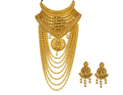 22K Yellow Gold Layered Choker Necklace & Earrings Set W/ High V-Neck Plate & Draping Beaded Strands