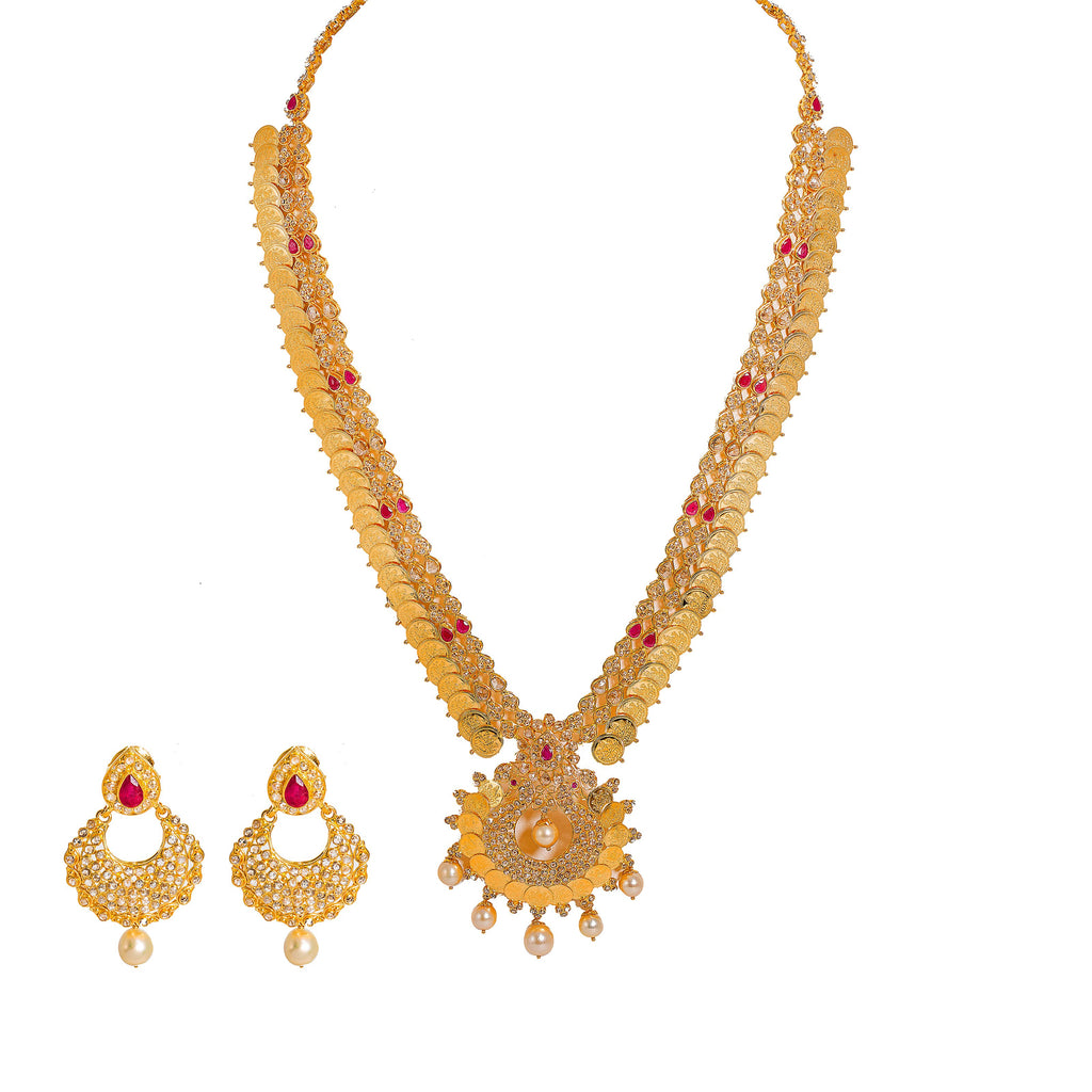 22K Yellow Gold Diamond Necklace & Earrings Set W/ 17.6ct Uncut Diamonds, Rubies, Pearls, Laxmi Kasu & Open Pendant |  22K Yellow Gold Diamond Necklace & Earrings Set W/ 17.6ct Uncut Diamonds, Rubies, Pearls, La...