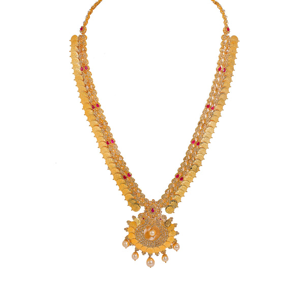 22K Yellow Gold Diamond Necklace & Earrings Set W/ 17.6ct Uncut Diamonds, Rubies, Pearls, Laxmi Kasu & Open Pendant |  22K Yellow Gold Diamond Necklace & Earrings Set W/ 17.6ct Uncut Diamonds, Rubies, Pearls, La...