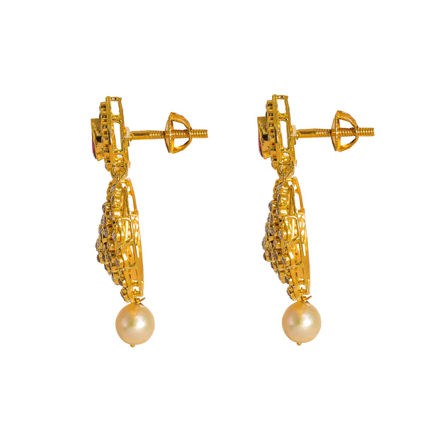 22K Yellow Gold Diamond Necklace & Earrings Set W/ 17.6ct Uncut Diamonds, Rubies, Pearls, Laxmi Kasu & Open Pendant |  22K Yellow Gold Diamond Necklace & Earrings Set W/ 17.6ct Uncut Diamonds, Rubies, Pearls, La...