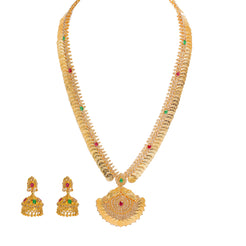 22K Yellow Gold Diamond Necklace & Jhumki Drop Earrings Set W/ 18.77ct Uncut Diamonds, Rubies, Emeralds, Laxmi Kasu & Large Eyelet Pendant