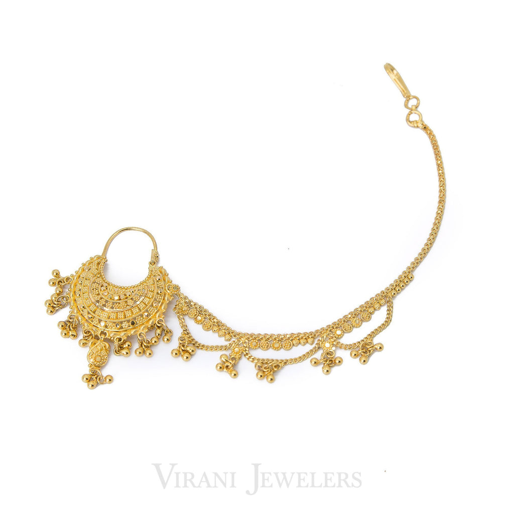 22K Yellow Gold Tikka with Chandelier Pendant and Ball Accents | 22K Yellow Gold Tikka with Chandelier Pendant and Ball Accents for women. This beautiful hair acc...