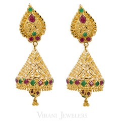 22K Yellow Gold Jumkhi Drop EarringsW/Precious Ruby & Emerald Stones