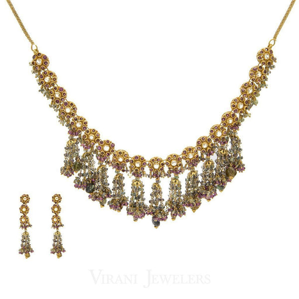 22K Yellow Gold Necklace and Earrings Set W/ Kundan & Floral Chandelier Design | 22K Yellow Gold Necklace and Earrings Set W/ Kundan & Floral Chandelier Design for women. Thi...