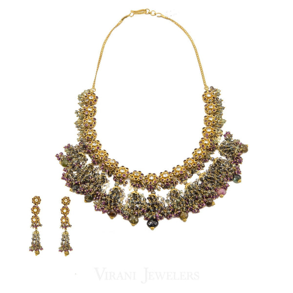 22K Yellow Gold Necklace and Earrings Set W/ Kundan & Floral Chandelier Design | 22K Yellow Gold Necklace and Earrings Set W/ Kundan & Floral Chandelier Design for women. Thi...