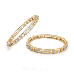 6CT Diamond Bangle Set, in 18K Yellow Gold, W/ Floral Hollow Link Accents