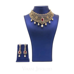 22.14 CT VVS Diamond Bridal Choker Necklace & Earrings Set, W/ Ruby & Pearl Accents