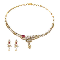 5.8CT Diamond Asymmetric Necklace and Earrings Set In 18K Yellow Gold W/ Pearl & Ruby Accent
