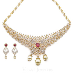 18K Yellow Gold Diamond Bridal Necklace & Earrings Set W/ 8.17ct Diamonds, Rubies & Pearls