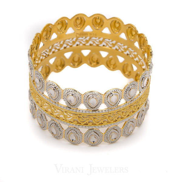 22K Yellow & White Gold Bangle W/ Teardrop Kundan Accents | 22K Yellow & White Gold Bangle W/ Teardrop Kundan Accents for Women. Beautiful Multitone gold...