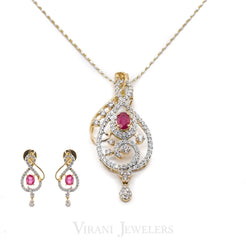 1.46 CT Round Brilliant Diamond Ruby Pendant and Earrings Set in 18K Yellow & White Gold