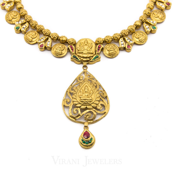 22K Antique Gold Charm Necklac & Drop Earrings Set W/ Ruby, Emerald, and Kundan Stones | 22K Antique Gold Charm Necklac & Drop Earrings Set W/ Ruby, Emerald, and Kundan Stones for wo...