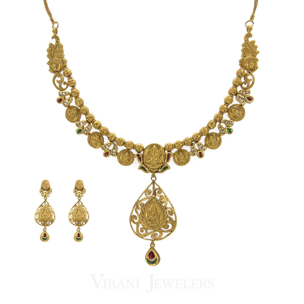 22K Antique Gold Charm Necklac & Drop Earrings Set W/ Ruby, Emerald, and Kundan Stones | 22K Antique Gold Charm Necklac & Drop Earrings Set W/ Ruby, Emerald, and Kundan Stones for wo...