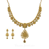 22K Antique Gold Charm Necklac & Drop Earrings Set W/ Ruby, Emerald, and Kundan Stones | 22K Antique Gold Charm Necklac & Drop Earrings Set W/ Ruby, Emerald, and Kundan Stones for wo...