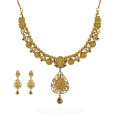 22K Antique Gold Charm Necklac & Drop Earrings Set W/ Ruby, Emerald, and Kundan Stones