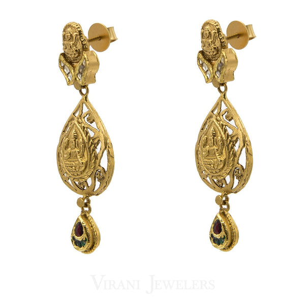 22K Antique Gold Charm Necklac & Drop Earrings Set W/ Ruby, Emerald, and Kundan Stones | 22K Antique Gold Charm Necklac & Drop Earrings Set W/ Ruby, Emerald, and Kundan Stones for wo...