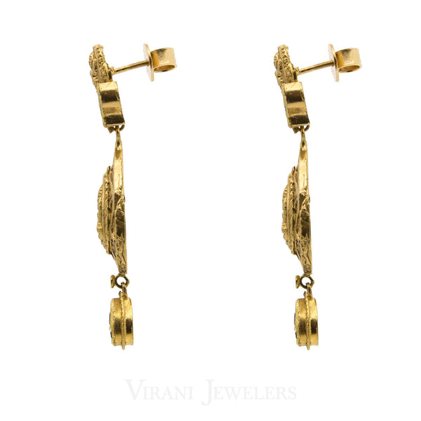 22K Antique Gold Charm Necklac & Drop Earrings Set W/ Ruby, Emerald, and Kundan Stones | 22K Antique Gold Charm Necklac & Drop Earrings Set W/ Ruby, Emerald, and Kundan Stones for wo...