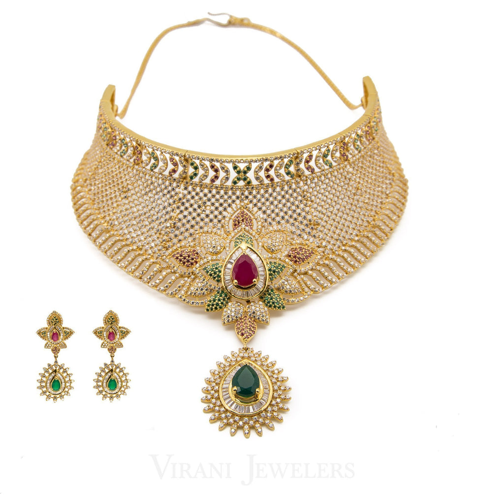 Cubic Zirconia Statement Choker Necklace and Earrings Set W/ Centered Emerald & Ruby | Cubic Zirconia Statement Choker Necklace and Earrings Set W/ Centered Emerald & Ruby for wome...
