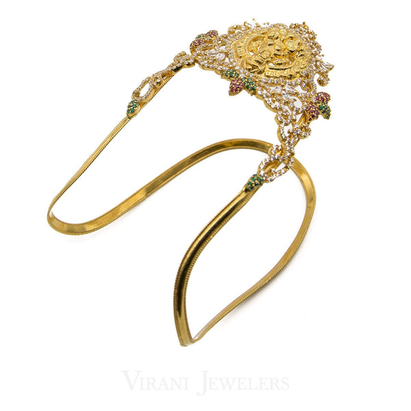 22K Yellow Gold Laxmi Arm Vanki W/ Ruby, Emerald & Cubic Zirconia Stones | 22K Yellow Gold Laxmi Arm Vanki W/ Ruby, Emerald & Cubic Zirconia Stones for women. Temple Ar...