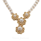 Pearl Necklace & Earring Set in 22K Yellow Gold W/Floral Drop Setting Set with Cubic Zirconia & Pearls | Pearl Necklace & Earring Set in 22K Yellow Gold W/Floral Drop Setting Set with Cubic Zirconia...