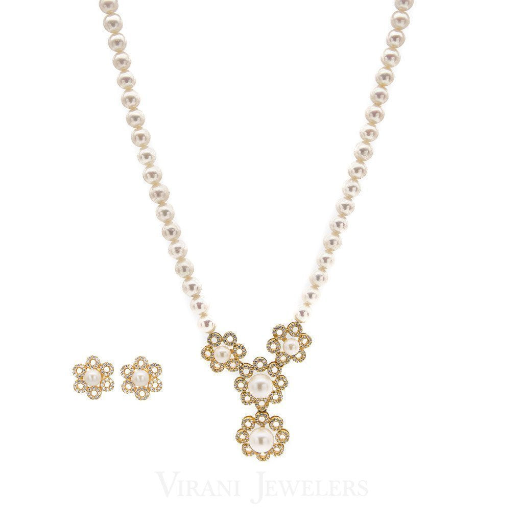 Pearl Necklace & Earring Set in 22K Yellow Gold W/Floral Drop Setting Set with Cubic Zirconia & Pearls | Pearl Necklace & Earring Set in 22K Yellow Gold W/Floral Drop Setting Set with Cubic Zirconia...