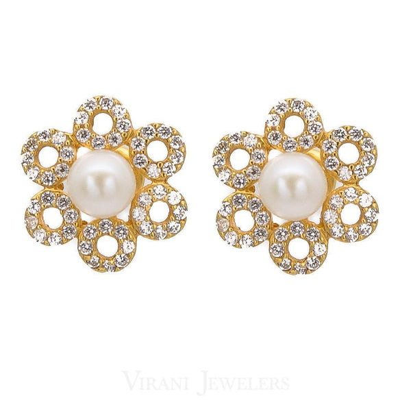 Pearl Necklace & Earring Set in 22K Yellow Gold W/Floral Drop Setting Set with Cubic Zirconia & Pearls | Pearl Necklace & Earring Set in 22K Yellow Gold W/Floral Drop Setting Set with Cubic Zirconia...