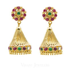 22K Yellow Gold Emerald & Ruby Jhumki Drop Earrings