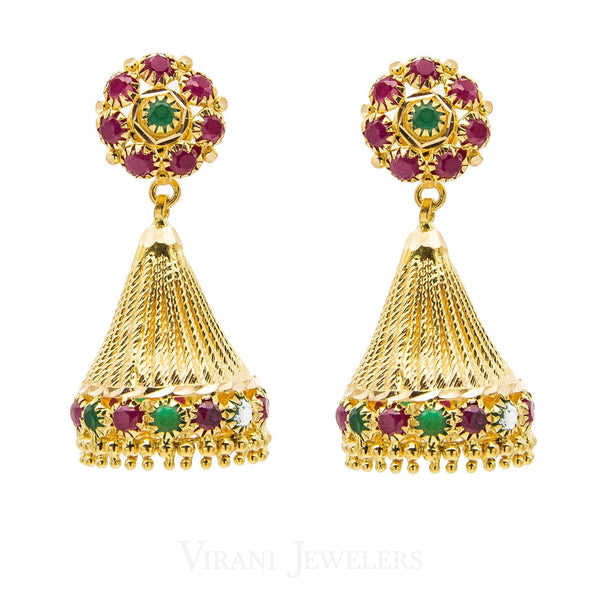 22K Yellow Gold Emerald & Ruby Jhumki Drop Earrings | 22K Yellow Gold Emerald & Ruby Jhumki Drop Earrings for women. Earrings have a post screw bac...