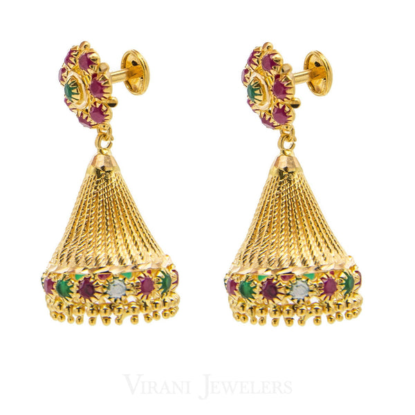 22K Yellow Gold Emerald & Ruby Jhumki Drop Earrings | 22K Yellow Gold Emerald & Ruby Jhumki Drop Earrings for women. Earrings have a post screw bac...