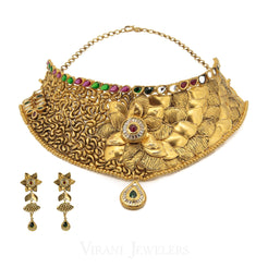 22K Yellow Gold Floral Choker Necklace & Earring Set W/Multi Gems