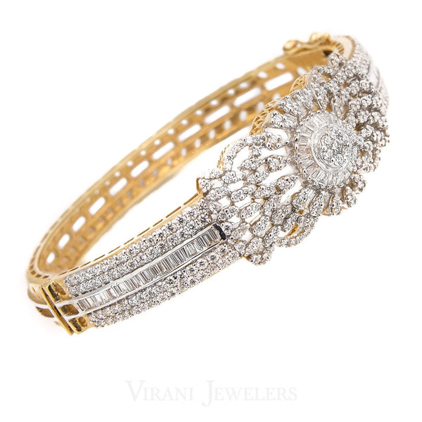 4.39CT Diamond Bangle Cuff Set in 18K Yellow Gold W/ Centered Floral Frame | 4.39CT Diamond Bangle Cuff Set in 18K Yellow Gold W/ Centered Floral Frame for women. An elegant ...