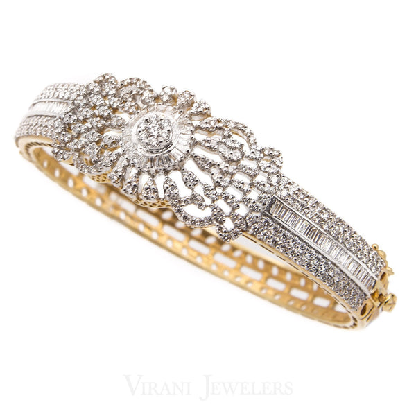 4.39CT Diamond Bangle Cuff Set in 18K Yellow Gold W/ Centered Floral Frame | 4.39CT Diamond Bangle Cuff Set in 18K Yellow Gold W/ Centered Floral Frame for women. An elegant ...